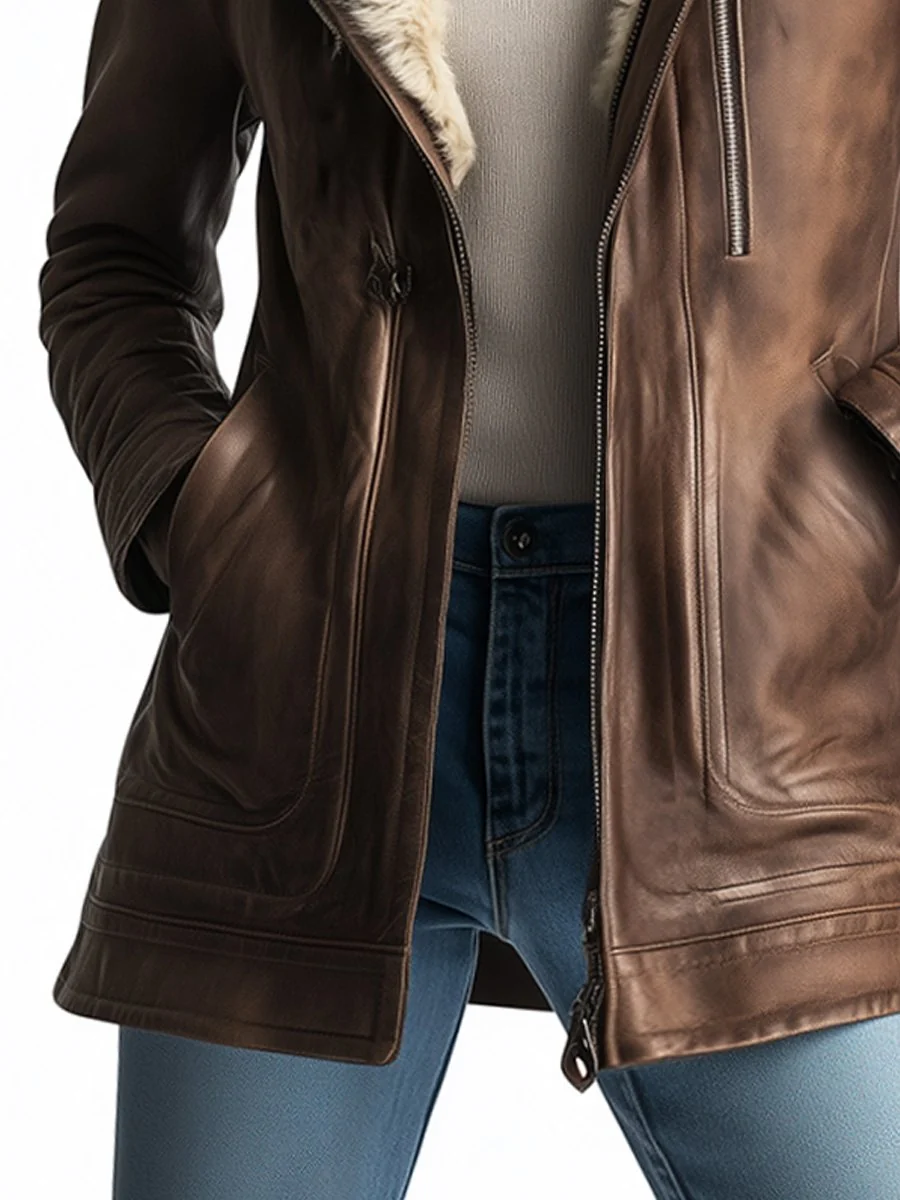 Vintage Wool Multi-pocket Sheepskin Faux Leather Warm Coat - Image 3