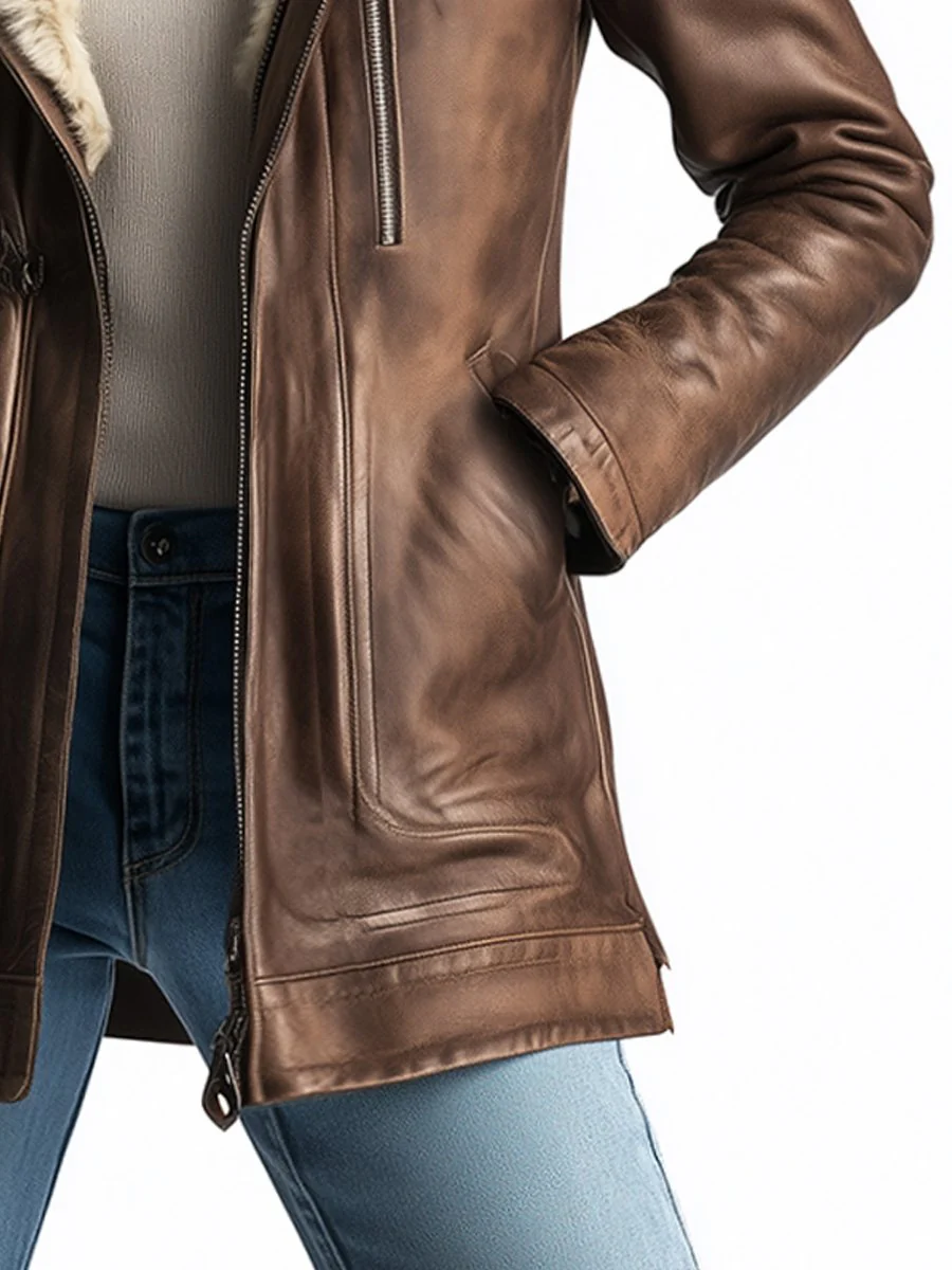 Vintage Wool Multi-pocket Sheepskin Faux Leather Warm Coat - Image 4