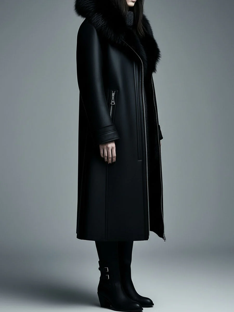 Women Fur Trim Warm Lined Hooded Eco Leather Trench Coat - Image 3