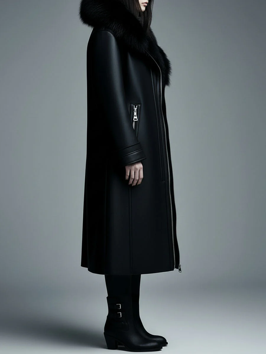 Women Fur Trim Warm Lined Hooded Eco Leather Trench Coat - Image 4