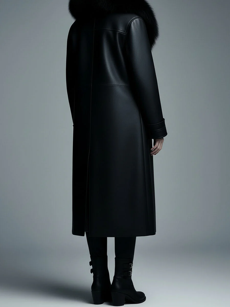 Women Fur Trim Warm Lined Hooded Eco Leather Trench Coat - Image 5