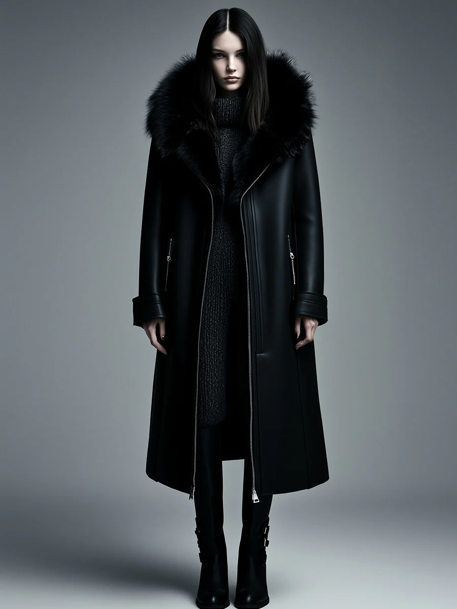 Women Fur Trim Warm Lined Hooded Eco Leather Trench Coat - Image 6