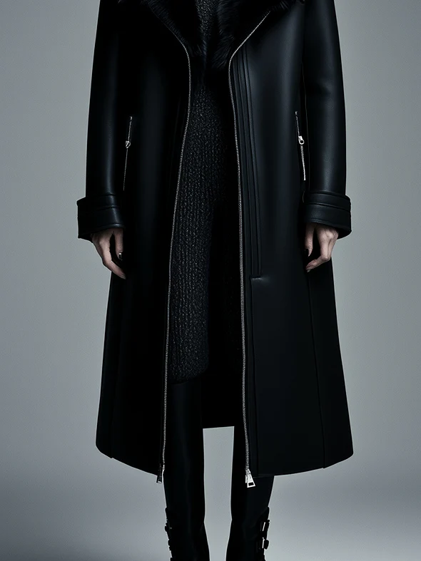 Women Fur Trim Warm Lined Hooded Eco Leather Trench Coat - Image 8