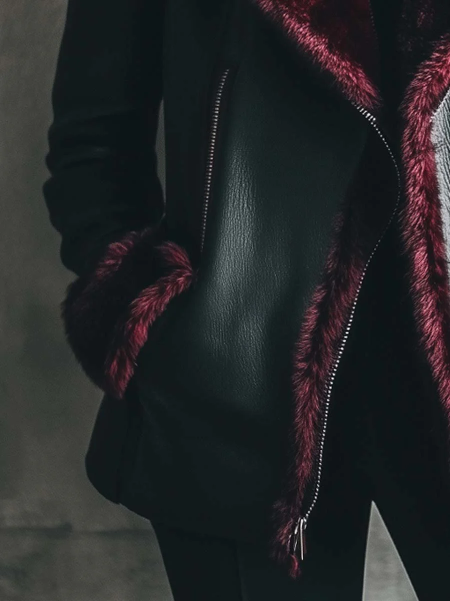 Women's Retro Contrast Color Fur Collar Leather Jacket - Image 4