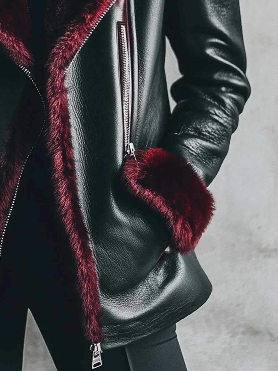 Women's Retro Contrast Color Fur Collar Leather Jacket - Image 5