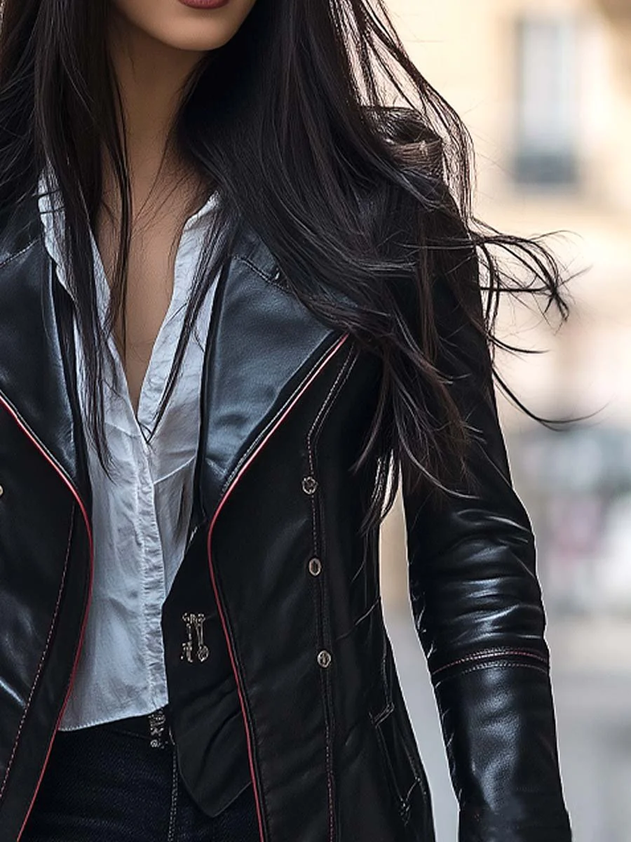 Women's Retro Zipper Button Long Leather Coat - Image 3