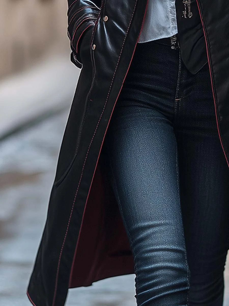 Women's Retro Zipper Button Long Leather Coat - Image 4