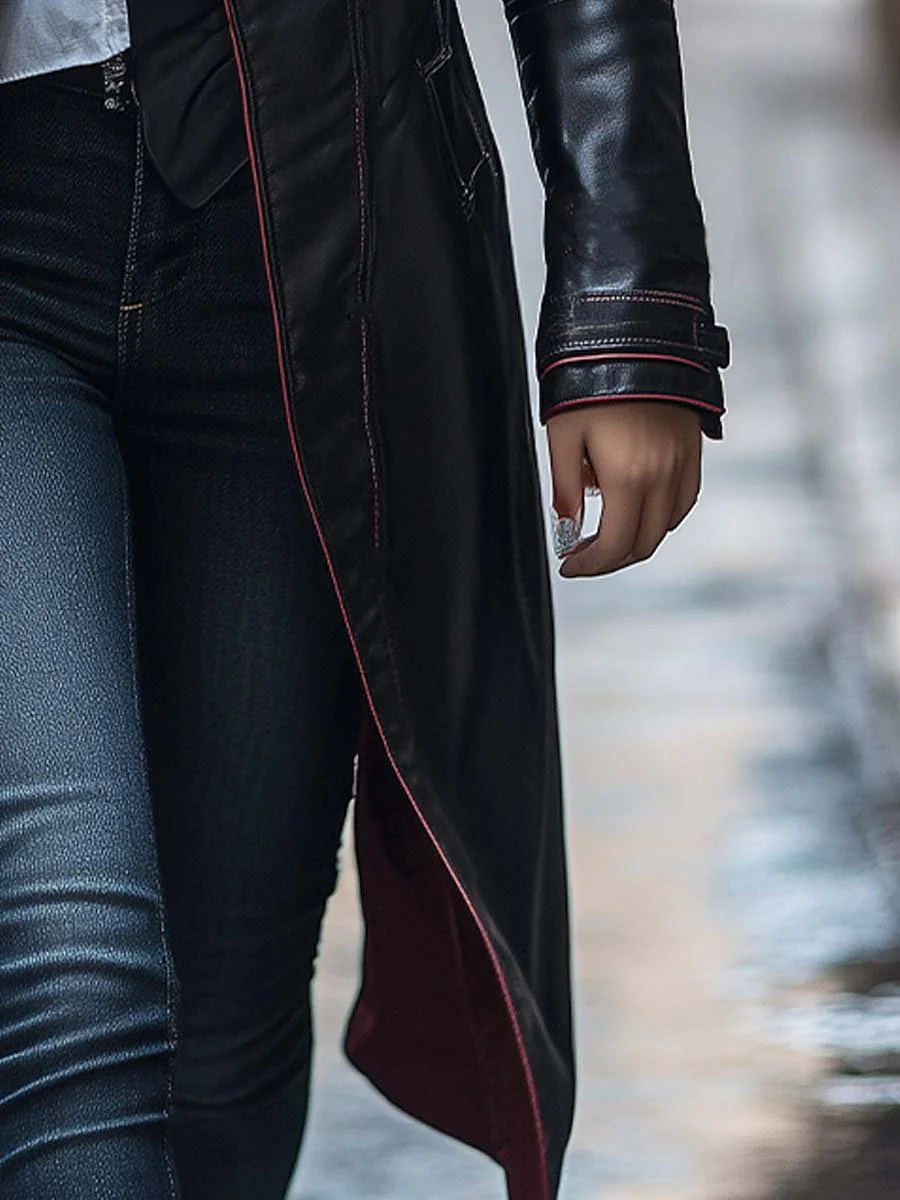 Women's Retro Zipper Button Long Leather Coat - Image 5