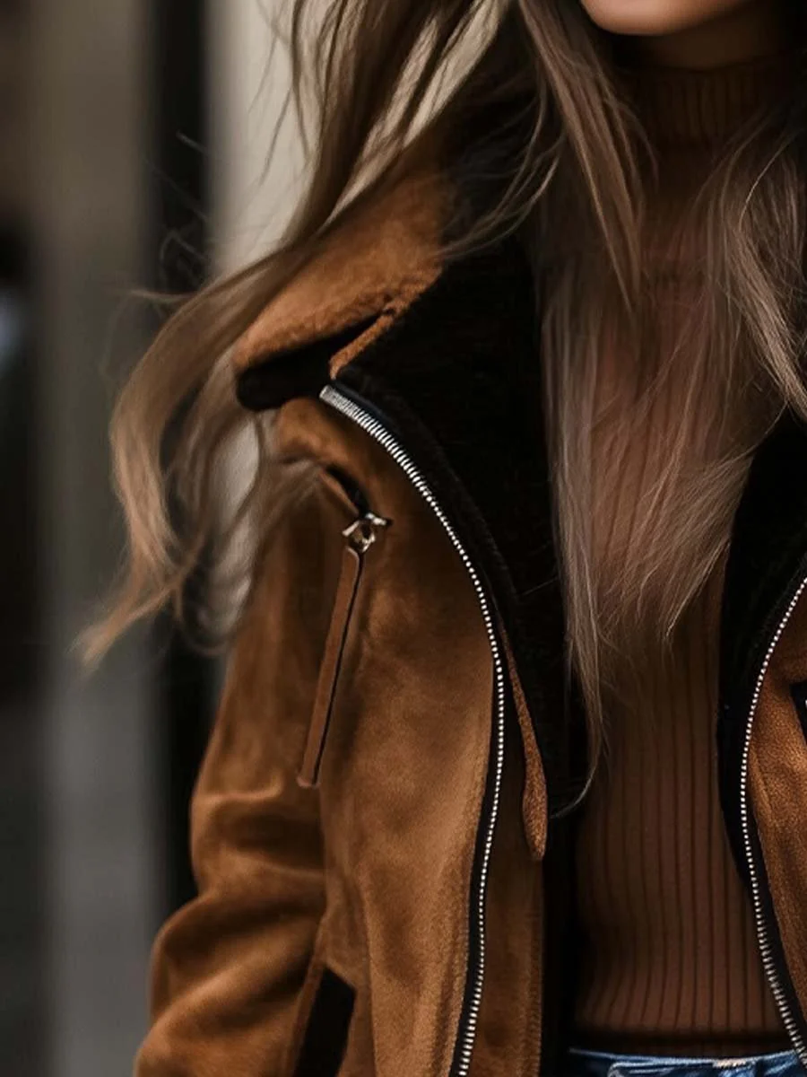 Women's Retro Zipper Contrast Color Suede Coat - Image 3