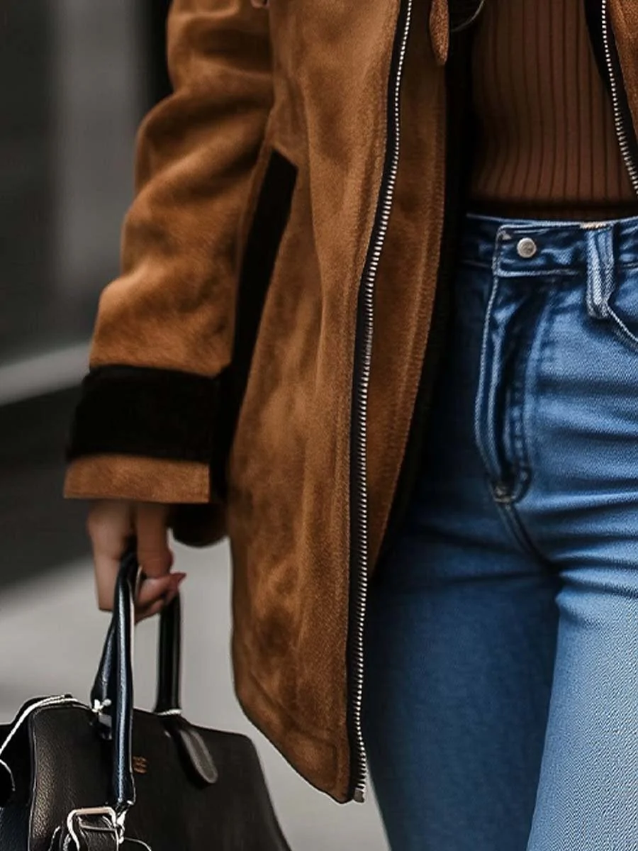 Women's Retro Zipper Contrast Color Suede Coat - Image 4