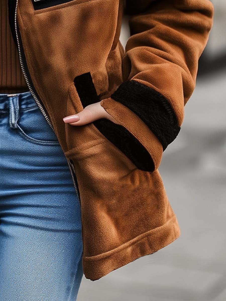 Women's Retro Zipper Contrast Color Suede Coat - Image 5