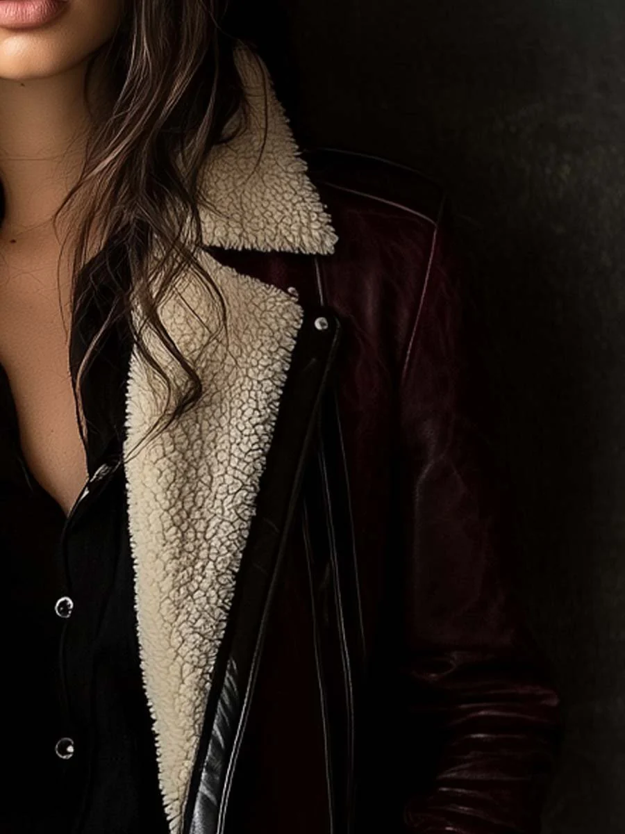 Women's Vintage Burgundy Lambskin Faux Leather Coat - Image 3