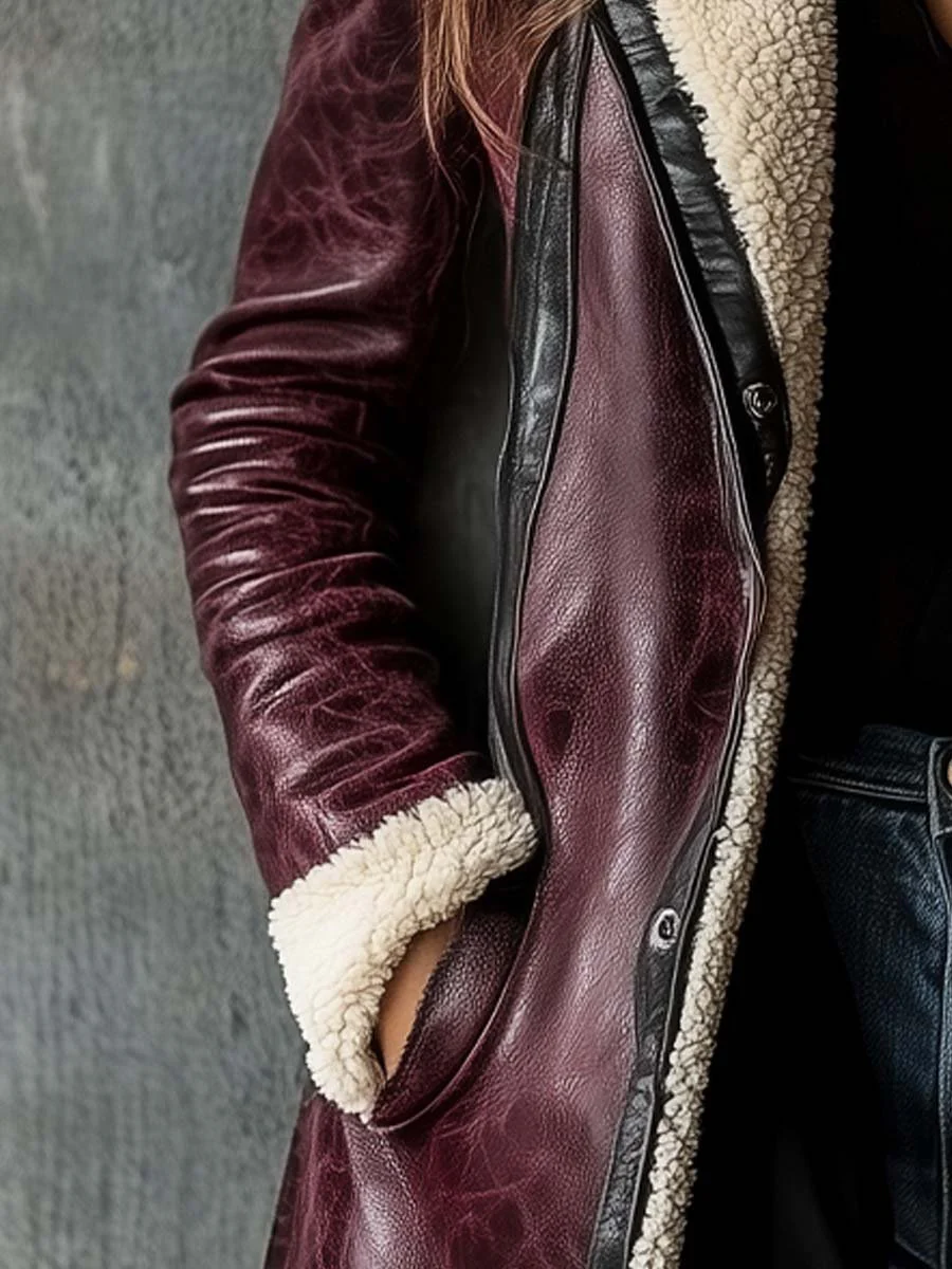 Women's Vintage Burgundy Lambskin Faux Leather Coat - Image 4