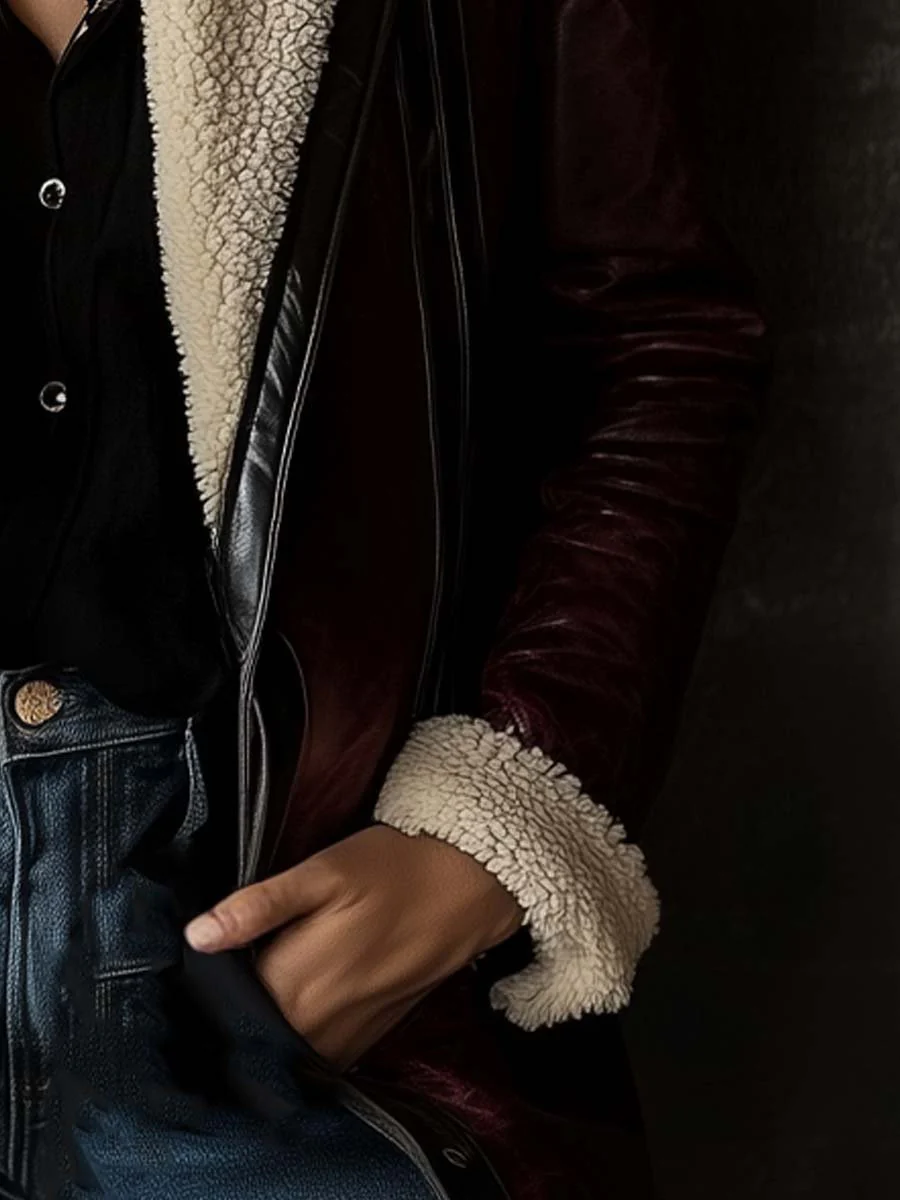 Women's Vintage Burgundy Lambskin Faux Leather Coat - Image 5