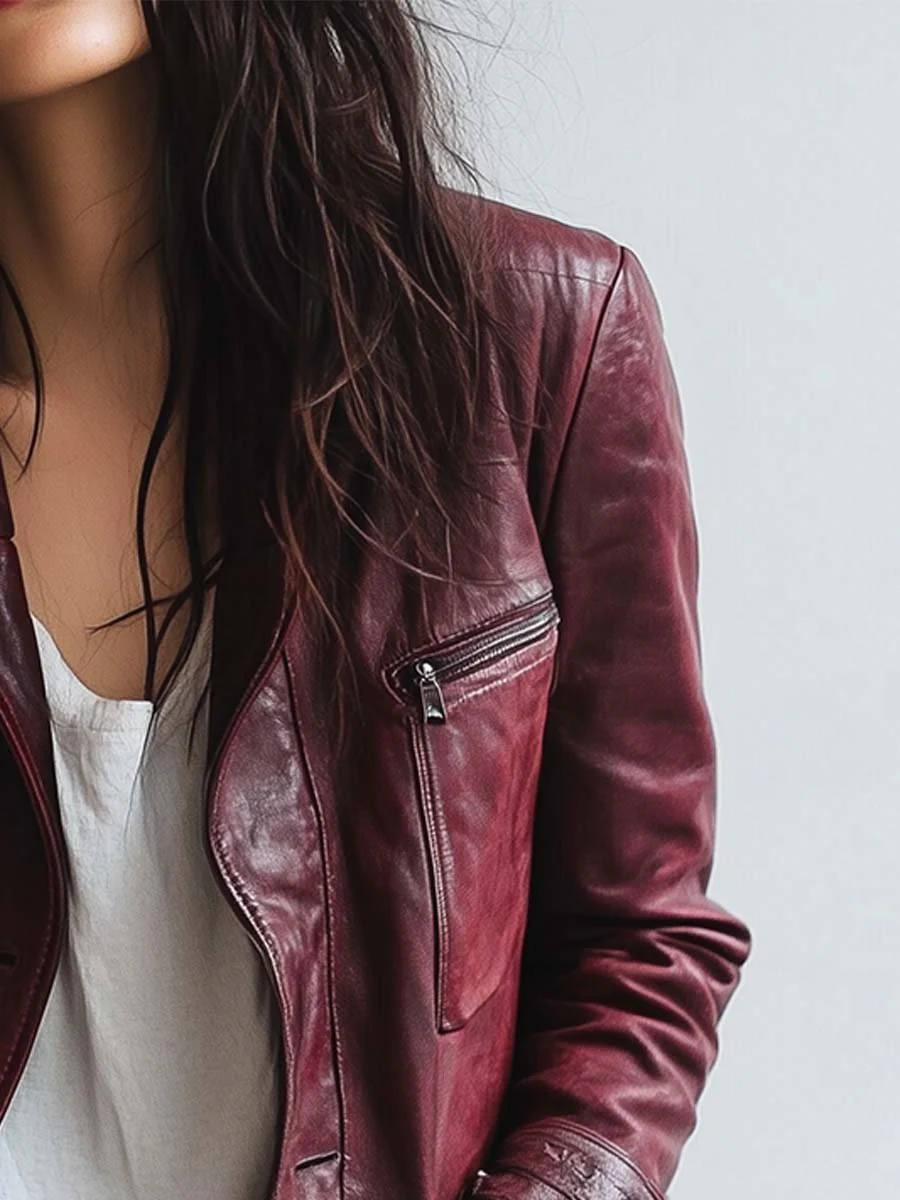 Women's Vintage Burgundy Faux Leather Jacket - Image 3