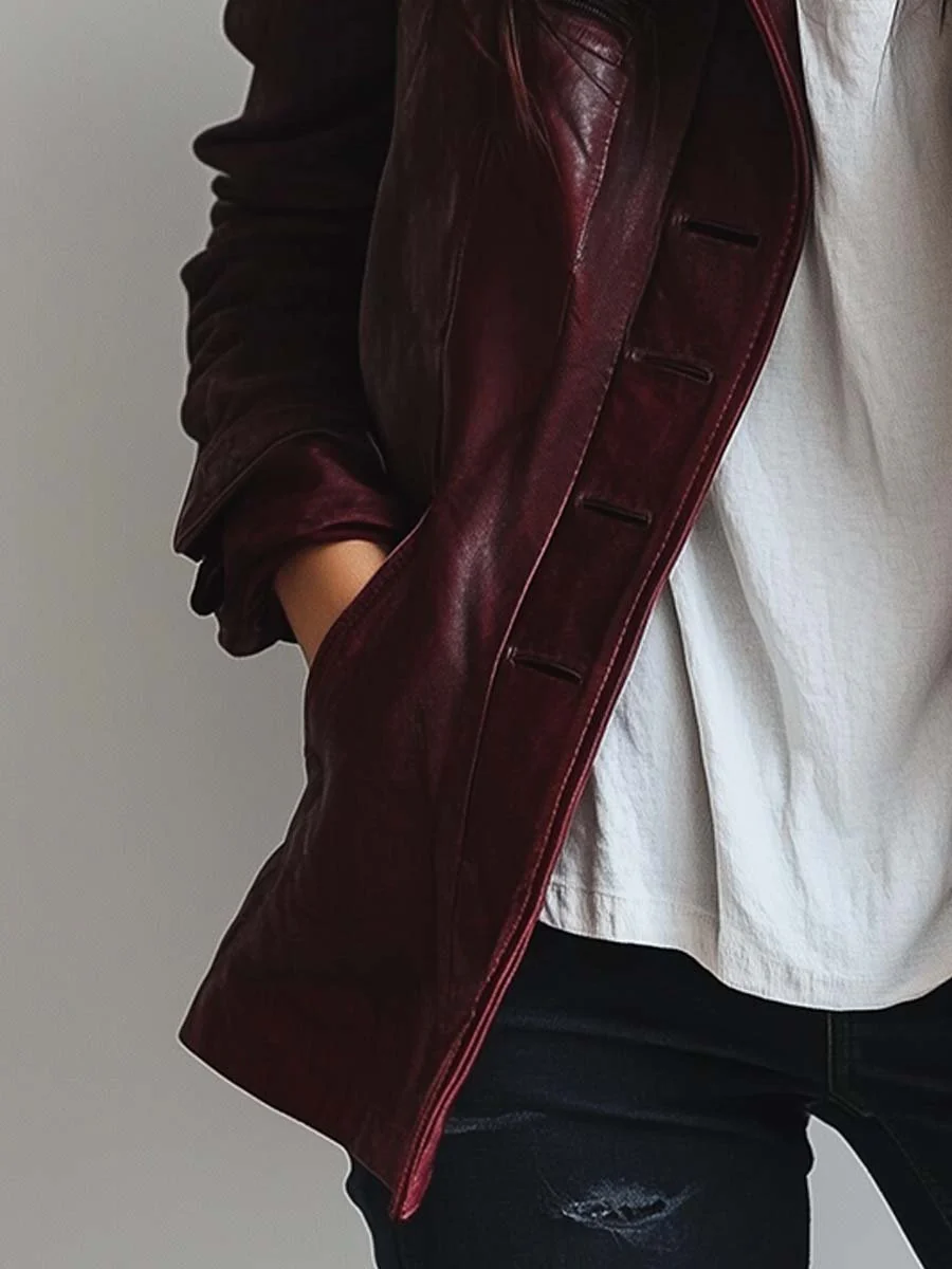 Women's Vintage Burgundy Faux Leather Jacket - Image 4