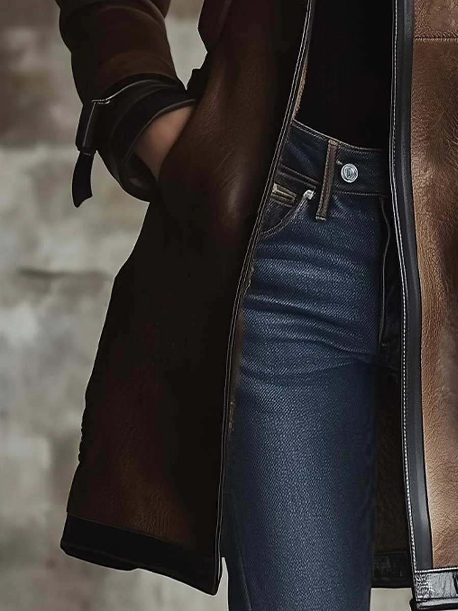 Women's Vintage Contrast Collar Faux Leather Jacket - Image 4