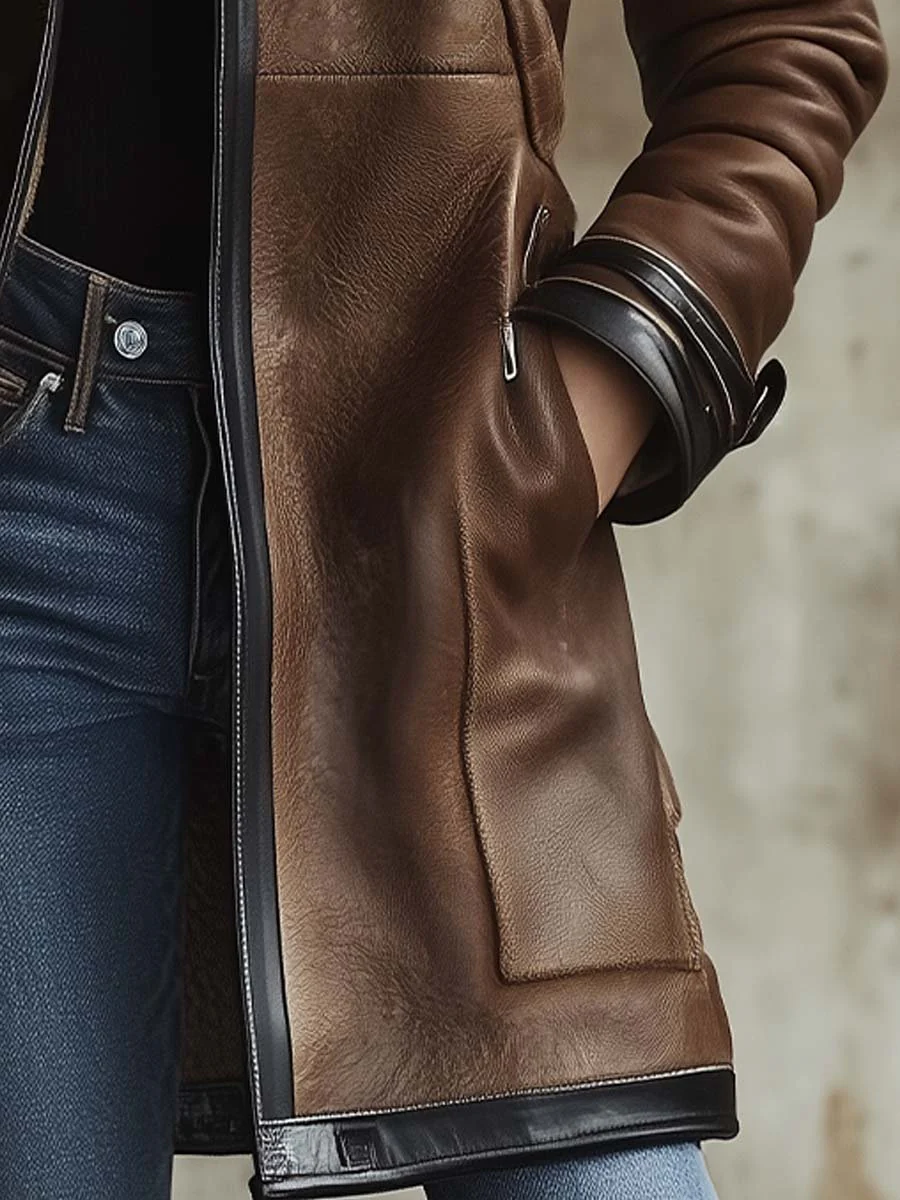 Women's Vintage Contrast Collar Faux Leather Jacket - Image 5