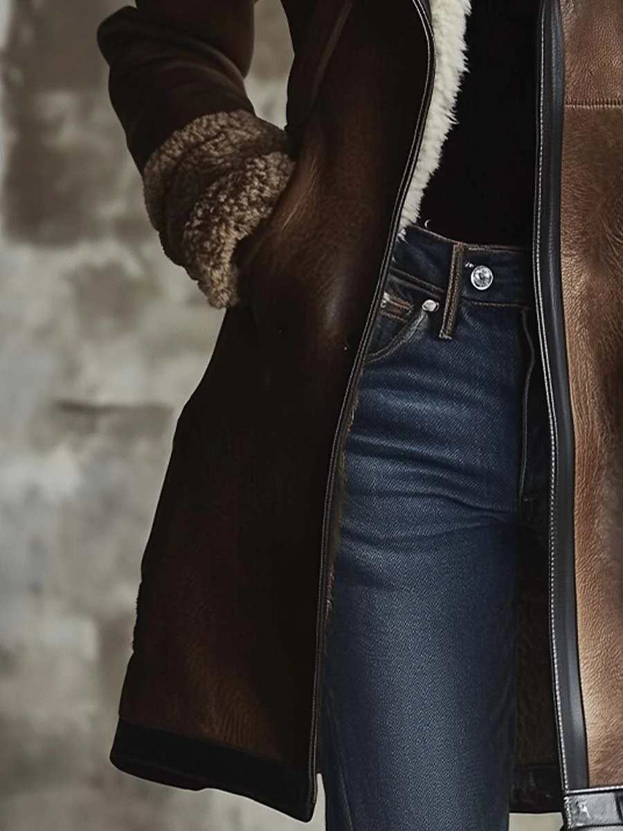 Women's Vintage Contrast Lambskin Collar Faux Leather Coat - Image 4