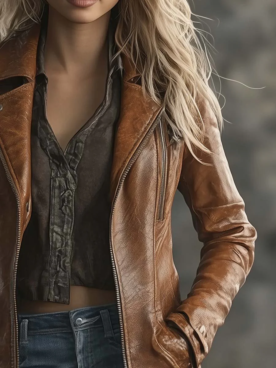 Women's Vintage Contrast Zipper Faux Leather Jacket - Image 3