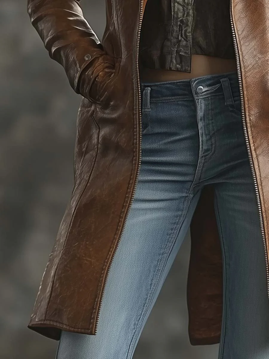 Women's Vintage Contrast Zipper Faux Leather Jacket - Image 4