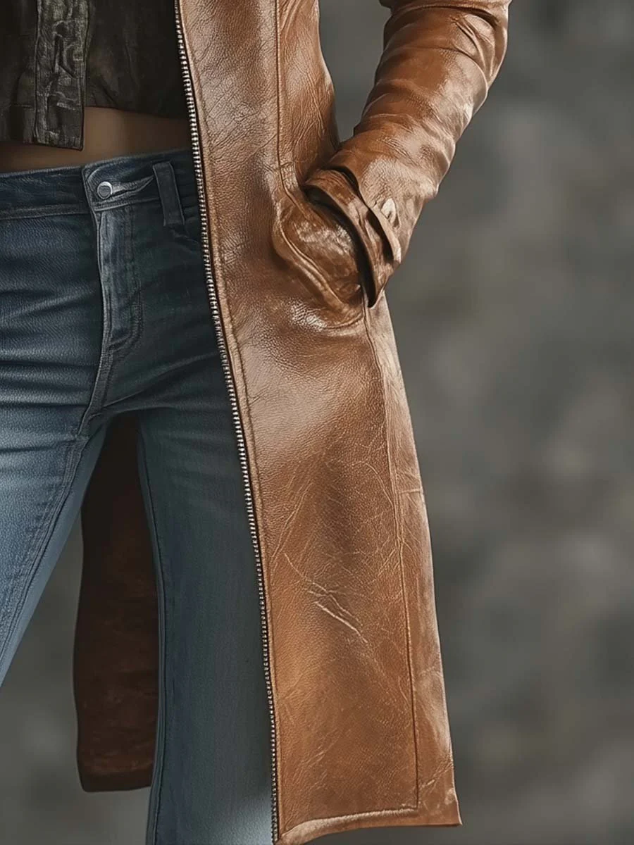 Women's Vintage Contrast Zipper Faux Leather Jacket - Image 5