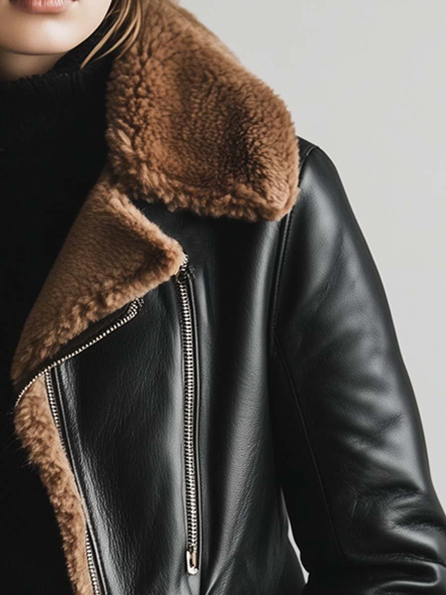 Women's Vintage Fur Collar Contrast Faux Leather Jacket - Image 3