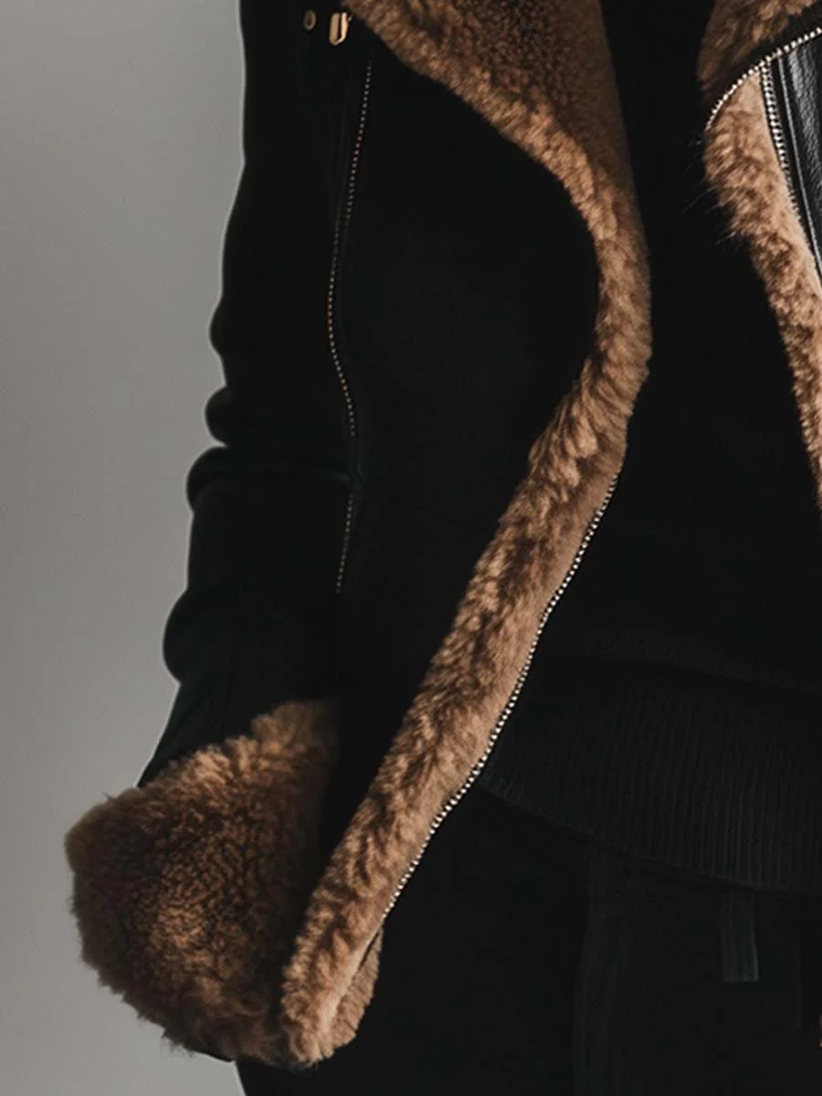 Women's Vintage Fur Collar Contrast Faux Leather Jacket - Image 4
