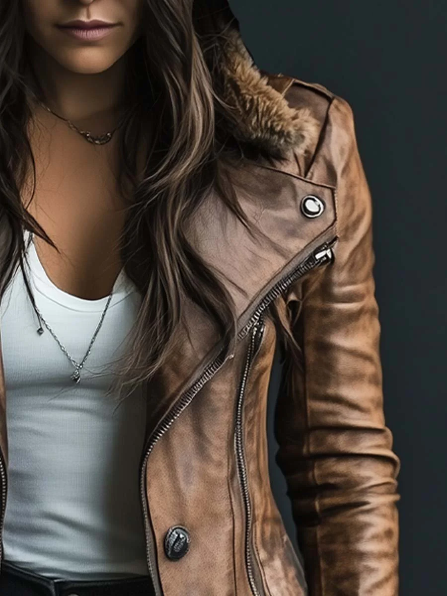 Women's Vintage Fur Collar Zipper Faux Leather Coat - Image 3