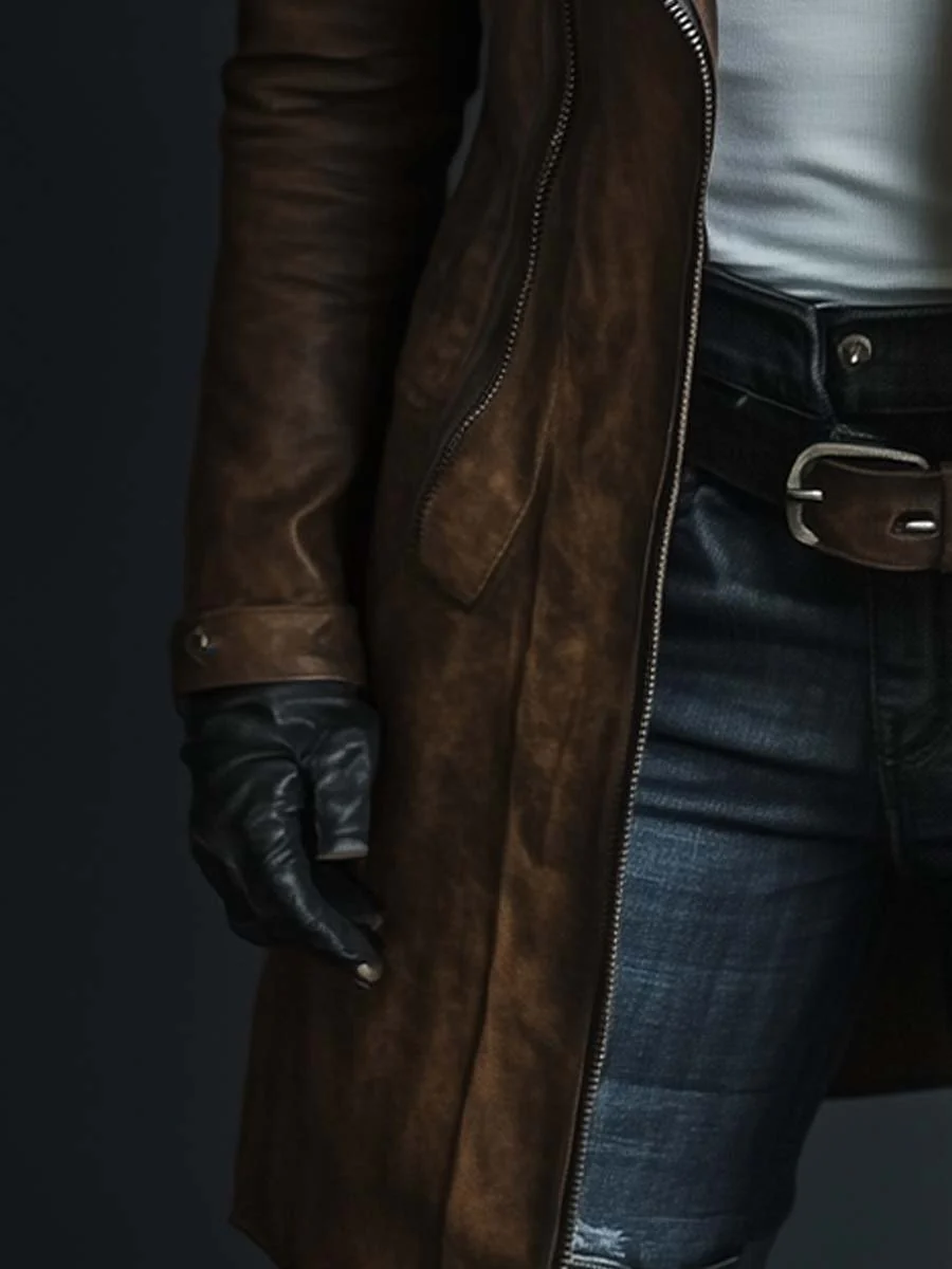 Women's Vintage Fur Collar Zipper Faux Leather Coat - Image 4