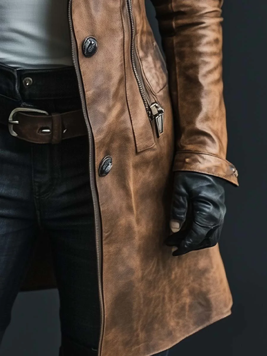 Women's Vintage Fur Collar Zipper Faux Leather Coat - Image 5