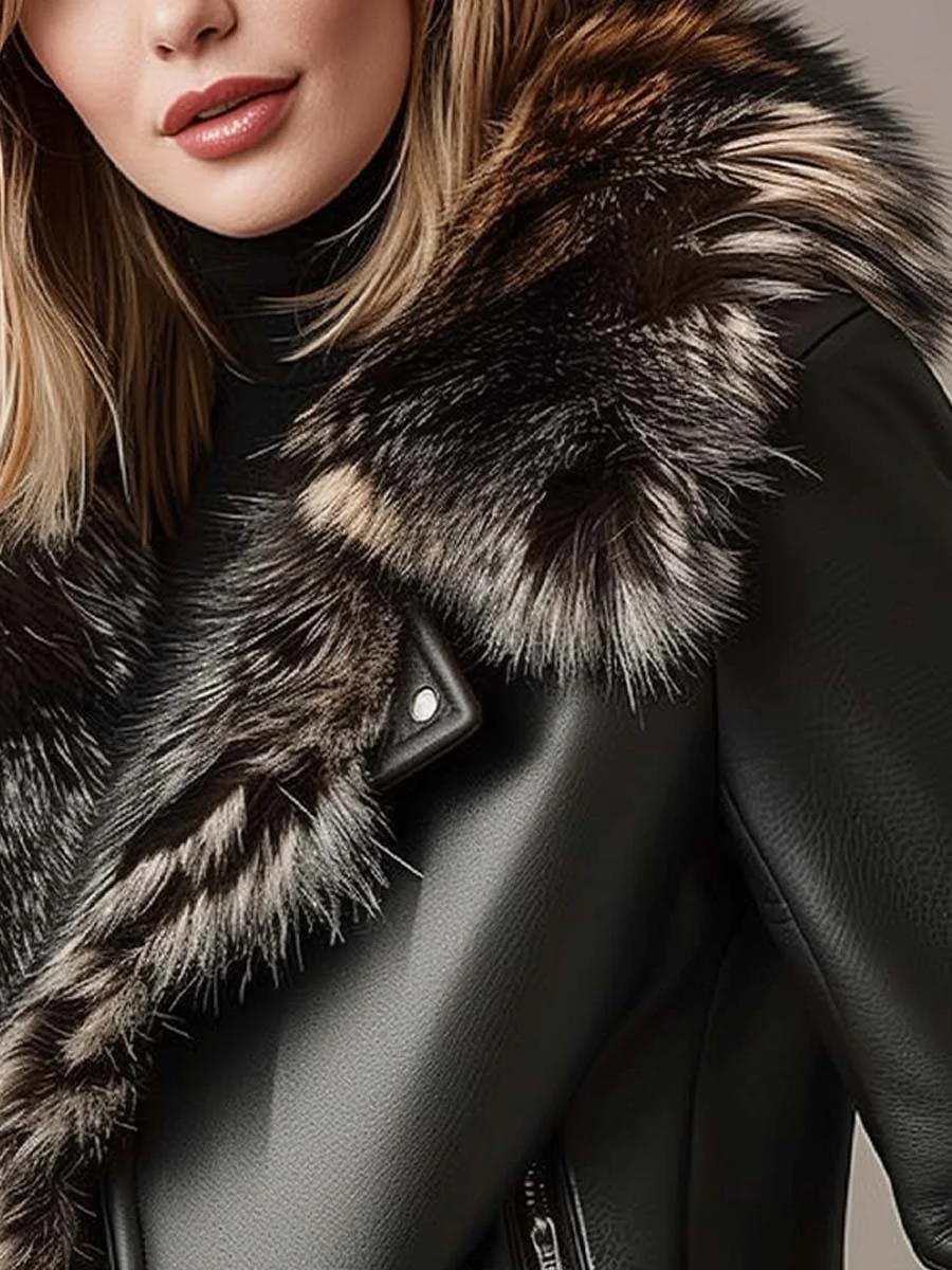 Women's Vintage Fur Collar And Lined Zipper Leather Jacket - Image 3