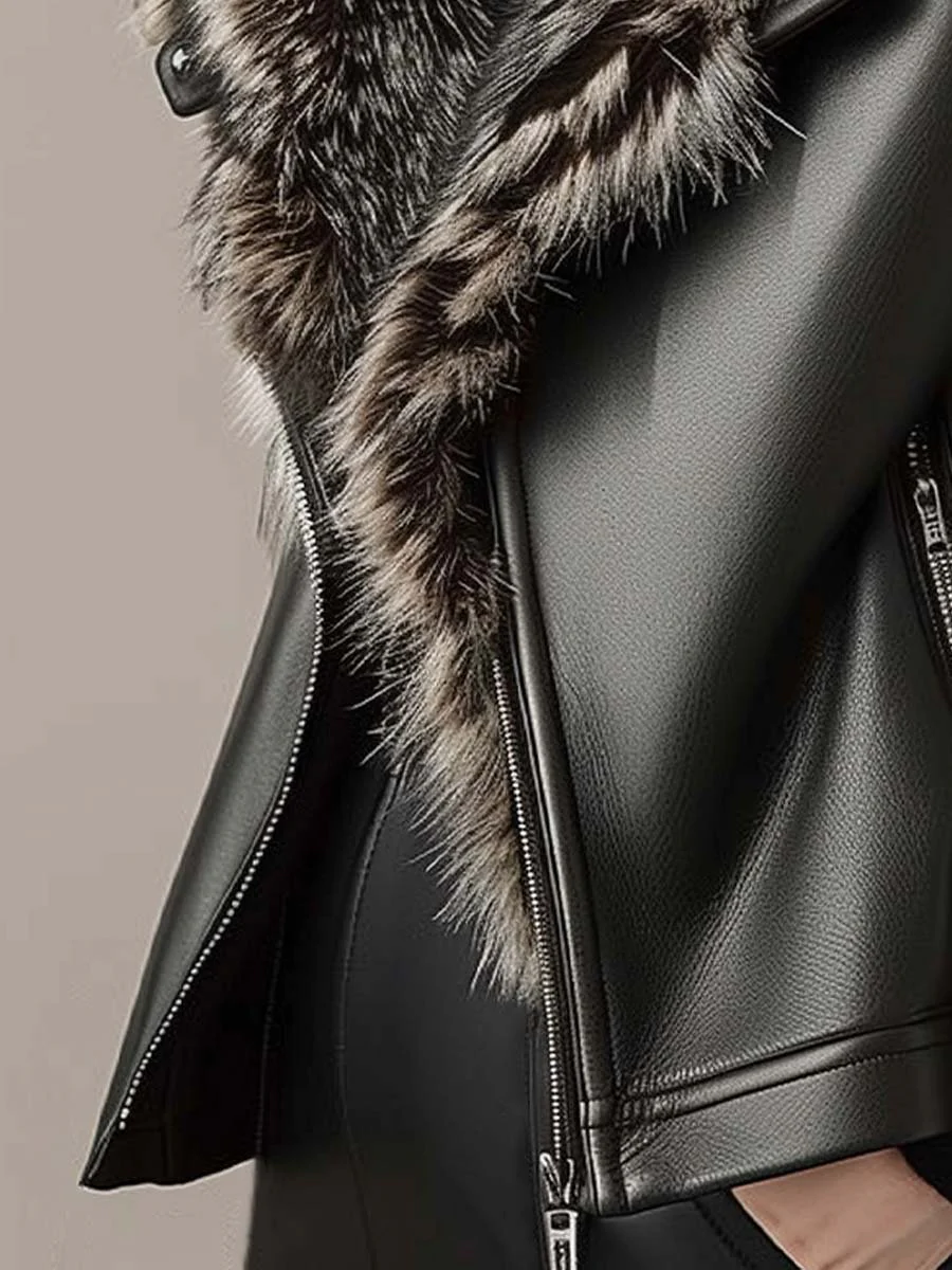Women's Vintage Fur Collar And Lined Zipper Leather Jacket - Image 4