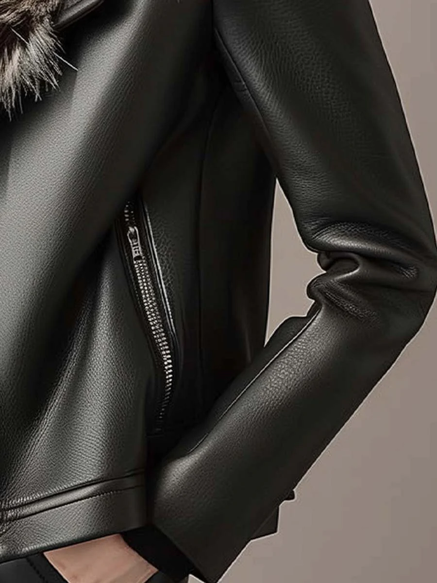 Women's Vintage Fur Collar And Lined Zipper Leather Jacket - Image 5