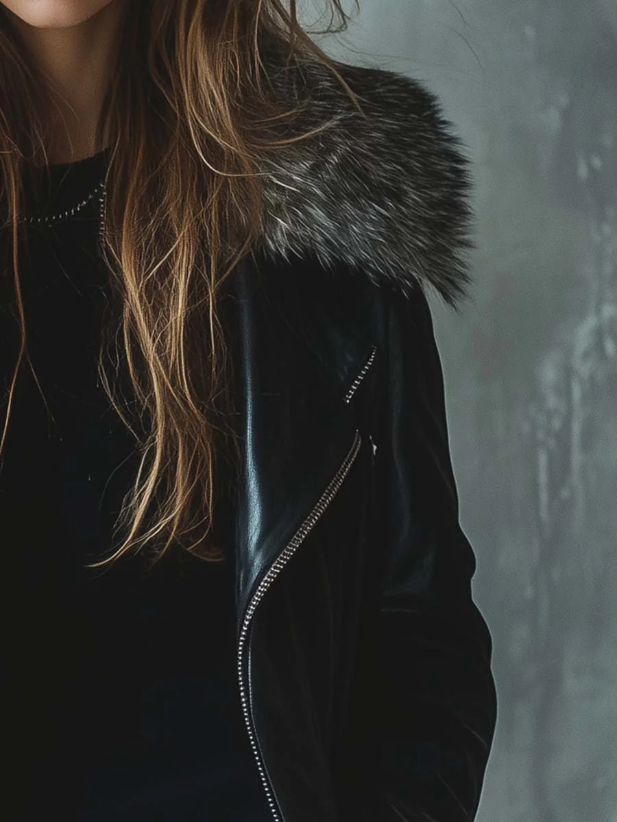 Women's Vintage Fur Collar Zipper Mid-Length Leather Coat - Image 3