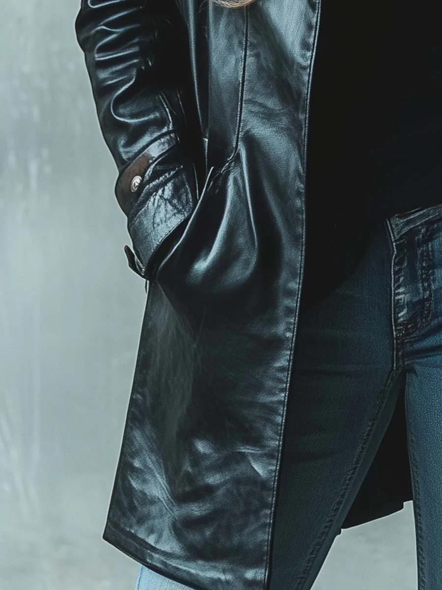 Women's Vintage Fur Collar Zipper Mid-Length Leather Coat - Image 4