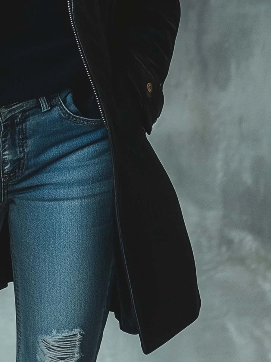 Women's Vintage Fur Collar Zipper Mid-Length Leather Coat - Image 5