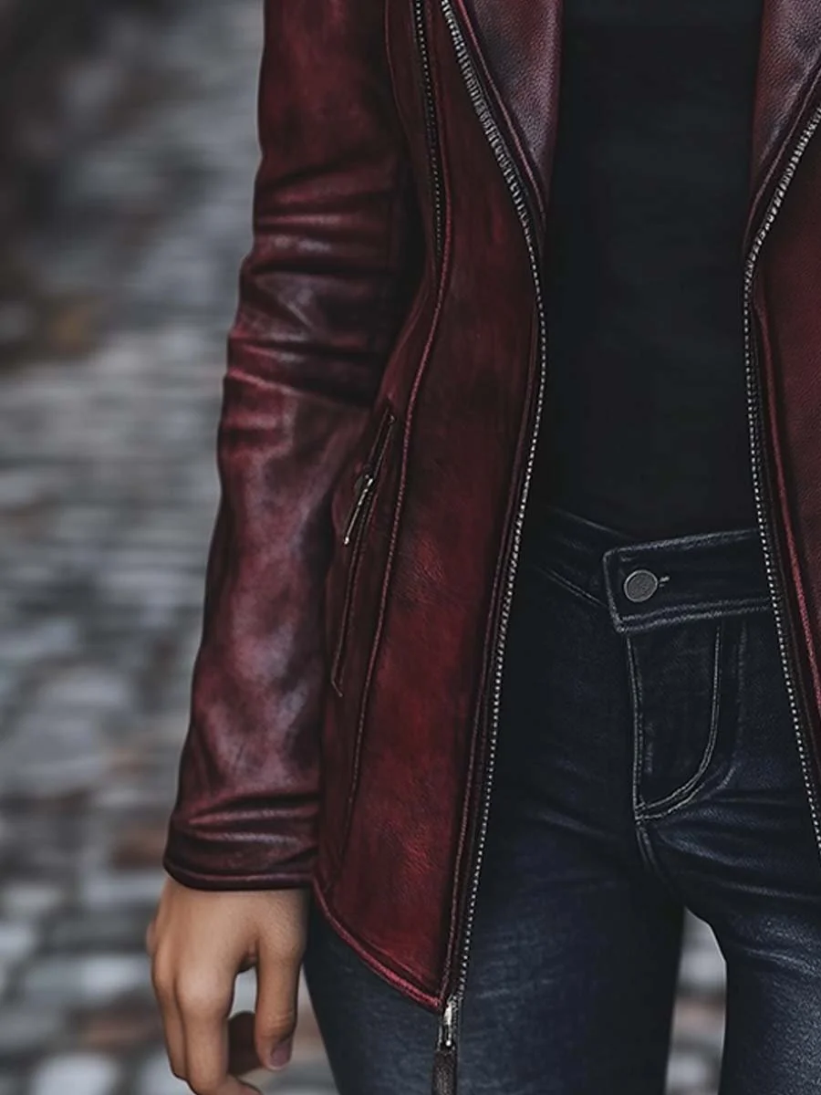 Women's Vintage Jacket Zipper Pocket Faux Leather Jacket - Image 4