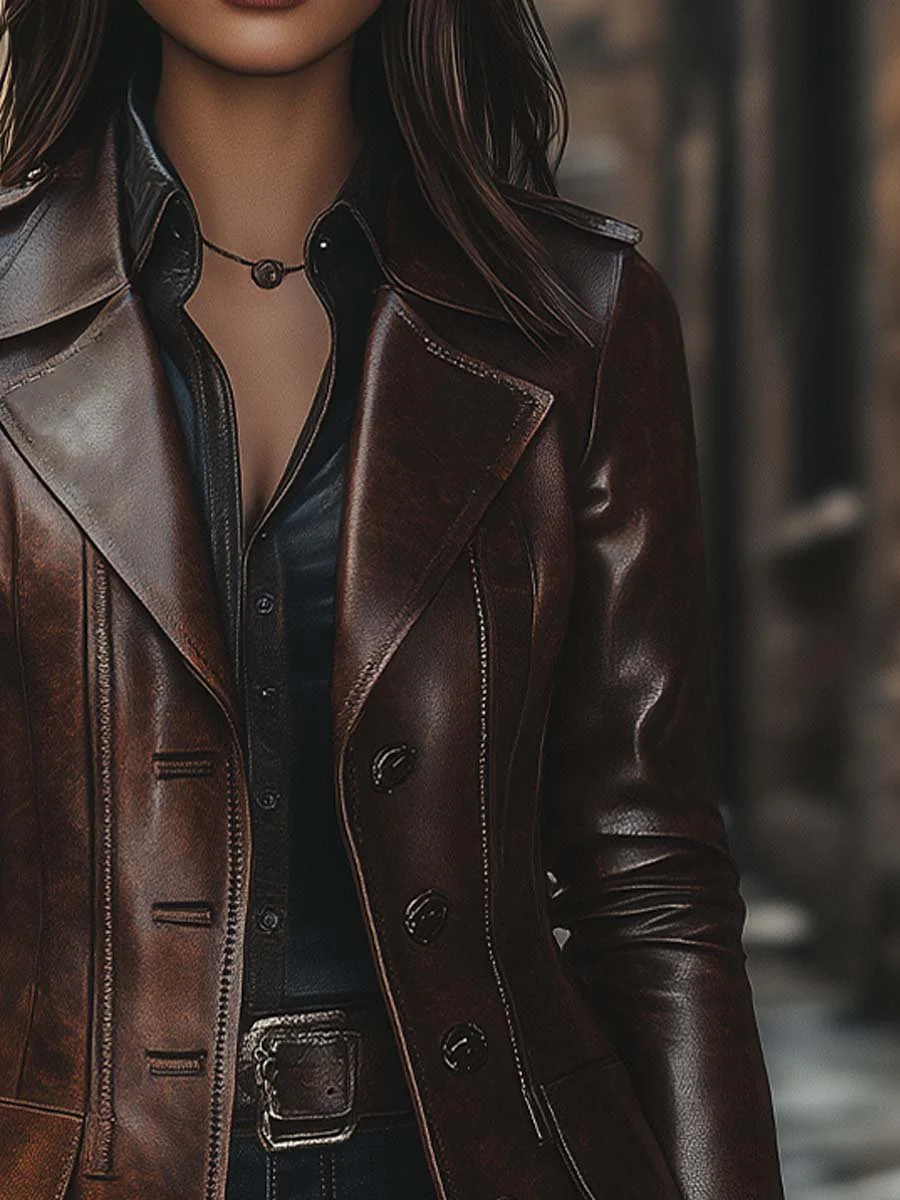 Women's Vintage Lapel Button Leather Long Jacket - Image 3