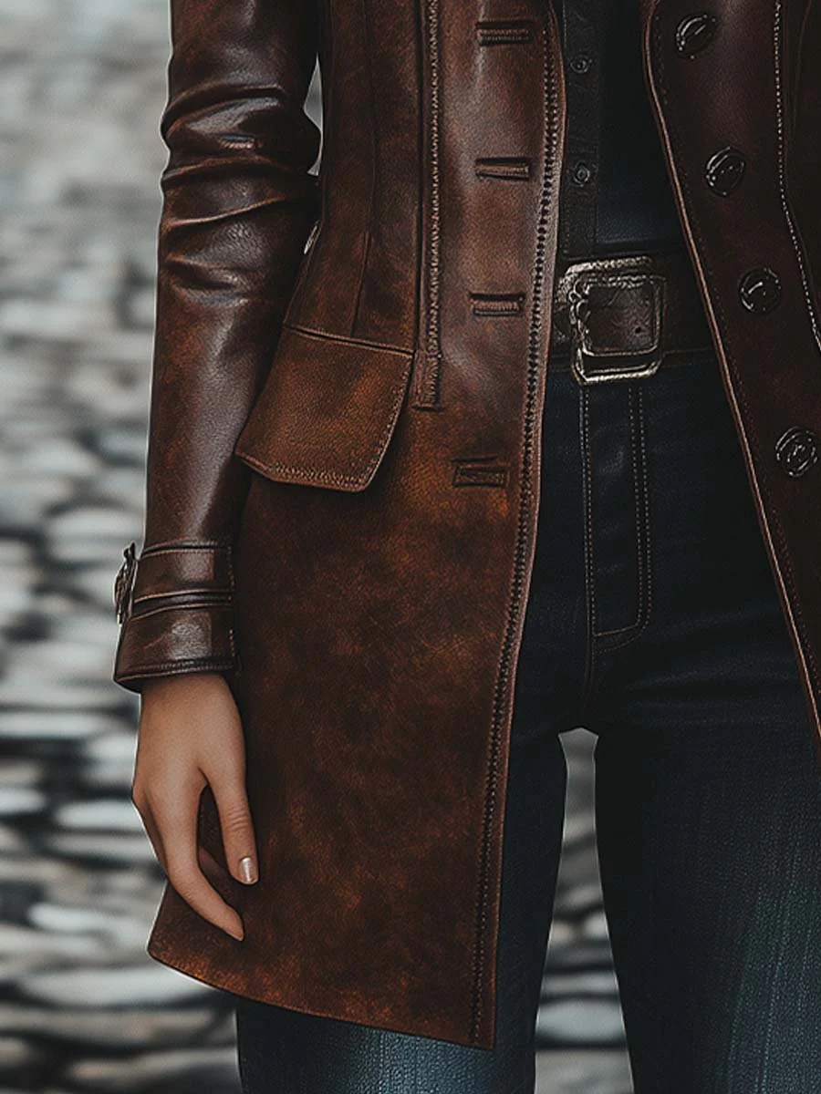 Women's Vintage Lapel Button Leather Long Jacket - Image 4