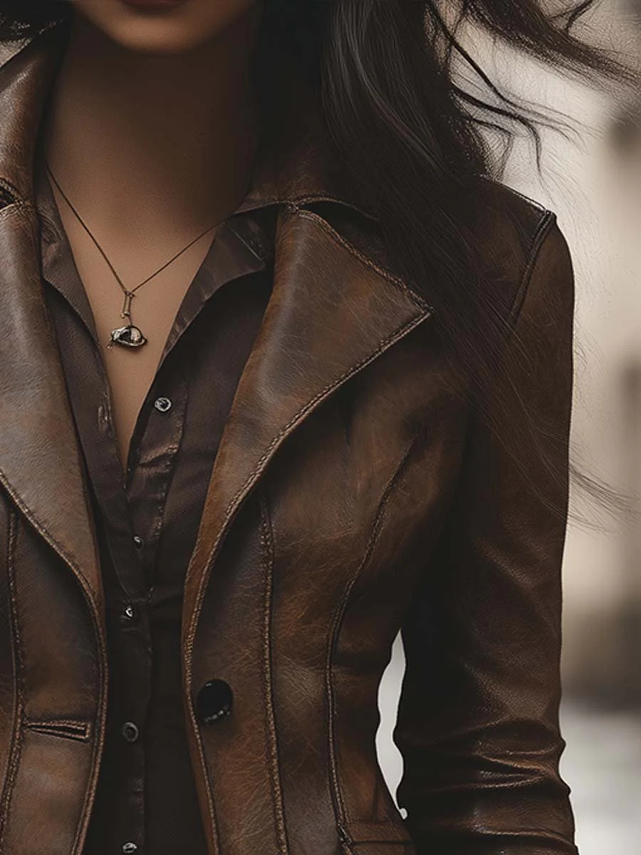 Women's Vintage Lapel Pocket Faux Leather Jacket - Image 3